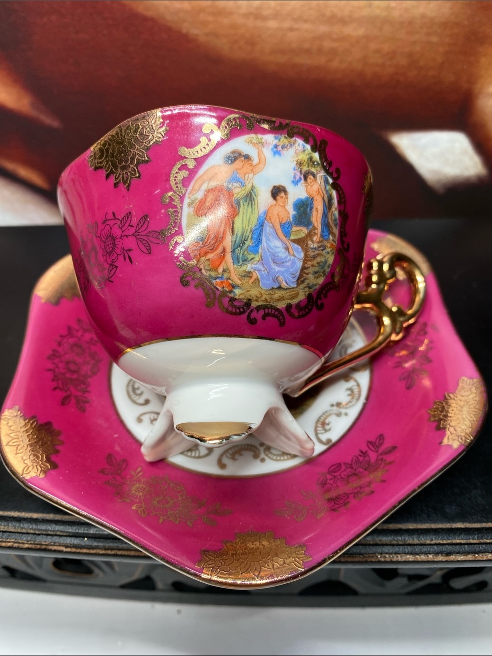 Shafford Japan Victorian Scene Burgundy Footed Tea Cup Saucer Set Gold Gilt